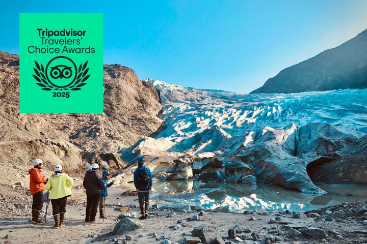 Group of hikers near a glacier with a Tripadvisor award badge on the left.